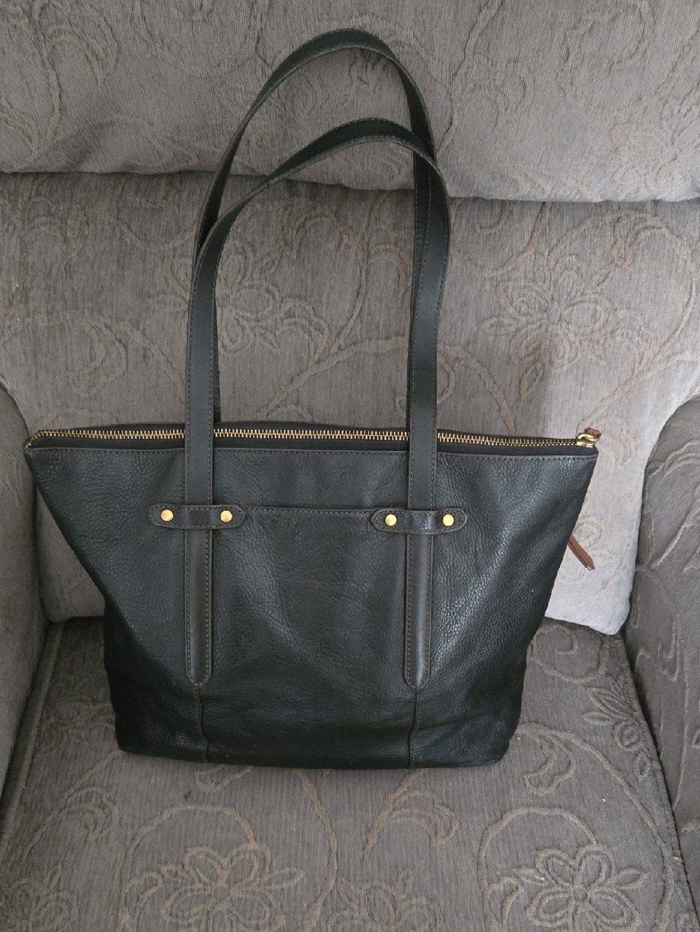 Fossil Black Leather Zip-Top Tote with Gold Hardware